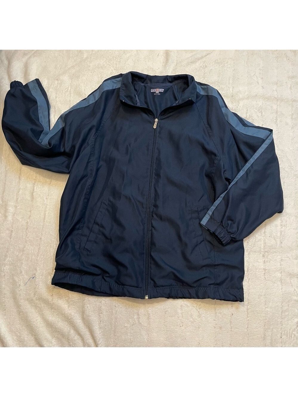 Jerzees Men's Long Sleeve Navy Blue Striped Zip Up Lightweight Jacket Size L